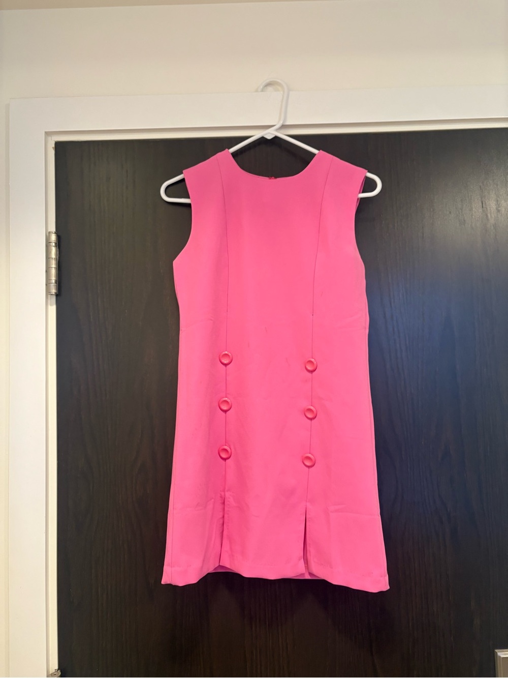 Bright Pink Sleeveless Shift Dress with Front Button Detail- fits small